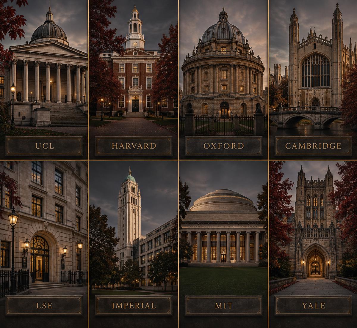 Montage of main campus buildings at UCL, Harvard, Oxford, Cambridge, LSE, Imperial, MIT and Yale